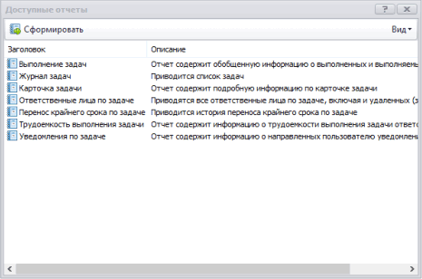 Список отчетов по задачам